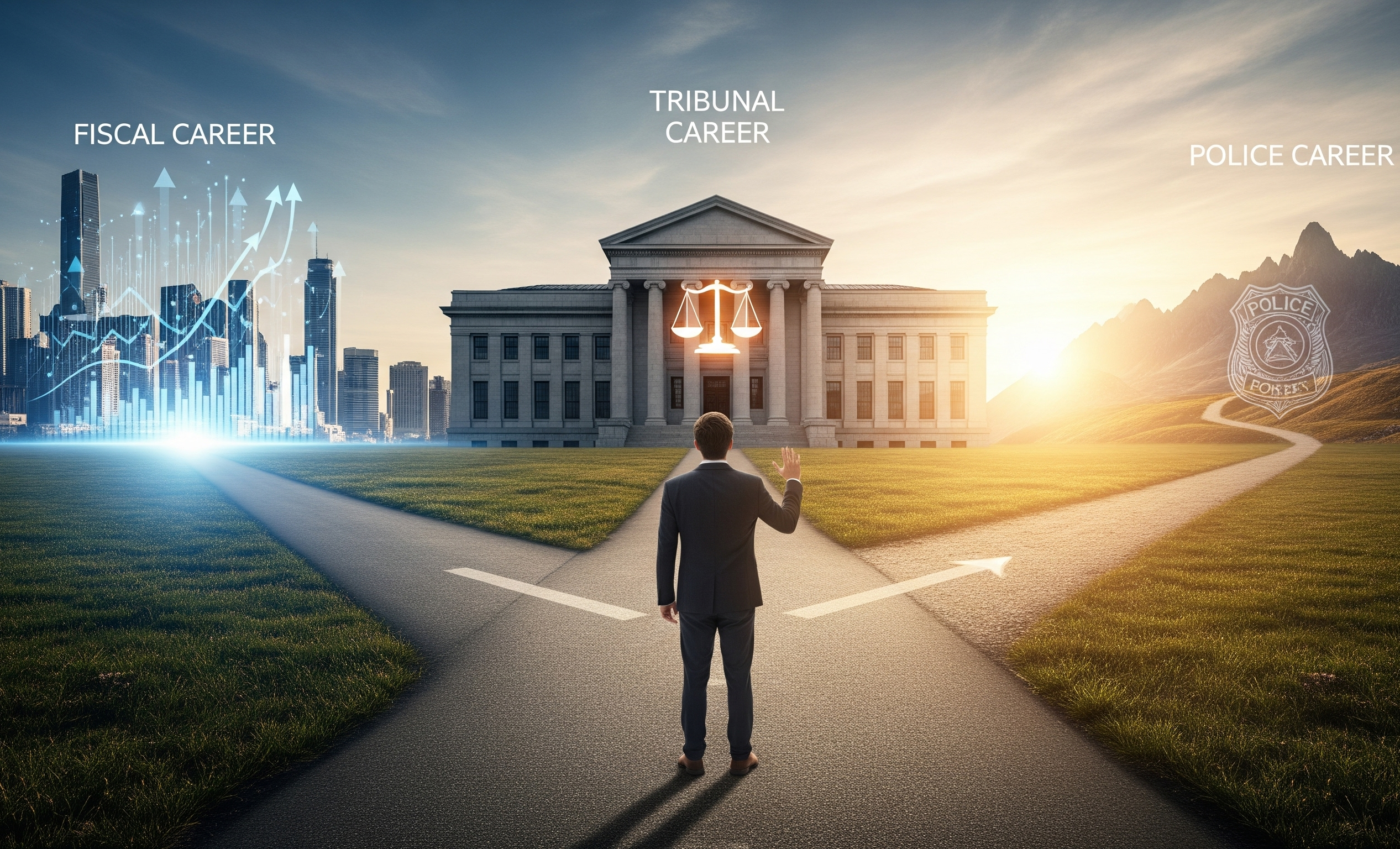 Homem concurseiro em uma encruzilhada, escolhendo entre três caminhos de carreira: a Carreira Fiscal (cidade com gráficos), a Carreira de Tribunal (prédio da justiça) e a Carreira Policial (estrada nas montanhas).