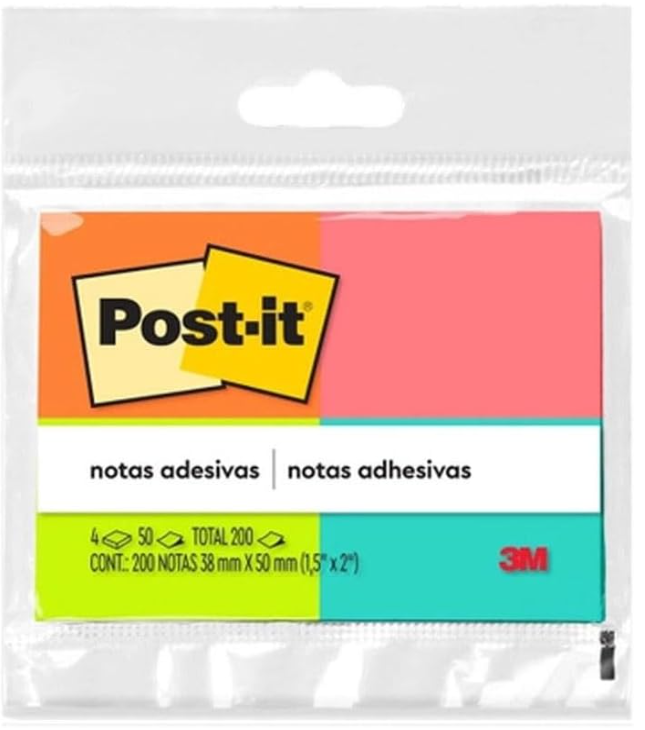 Post-it, 3M, Bloco de notas 4 blocos, 50 folhas cada Multicor