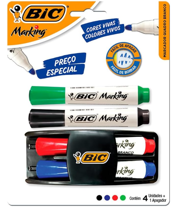 Kit 4 Marcadores de Quadro Branco BIC Marking Cores Clássicas + 1 Apagador, Ponta Resistente, Apaga Fácil, 970929