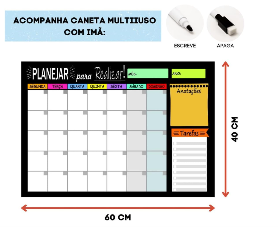 Quadro Lousa Planejador Temático Agenda 40x60 Cm Metal