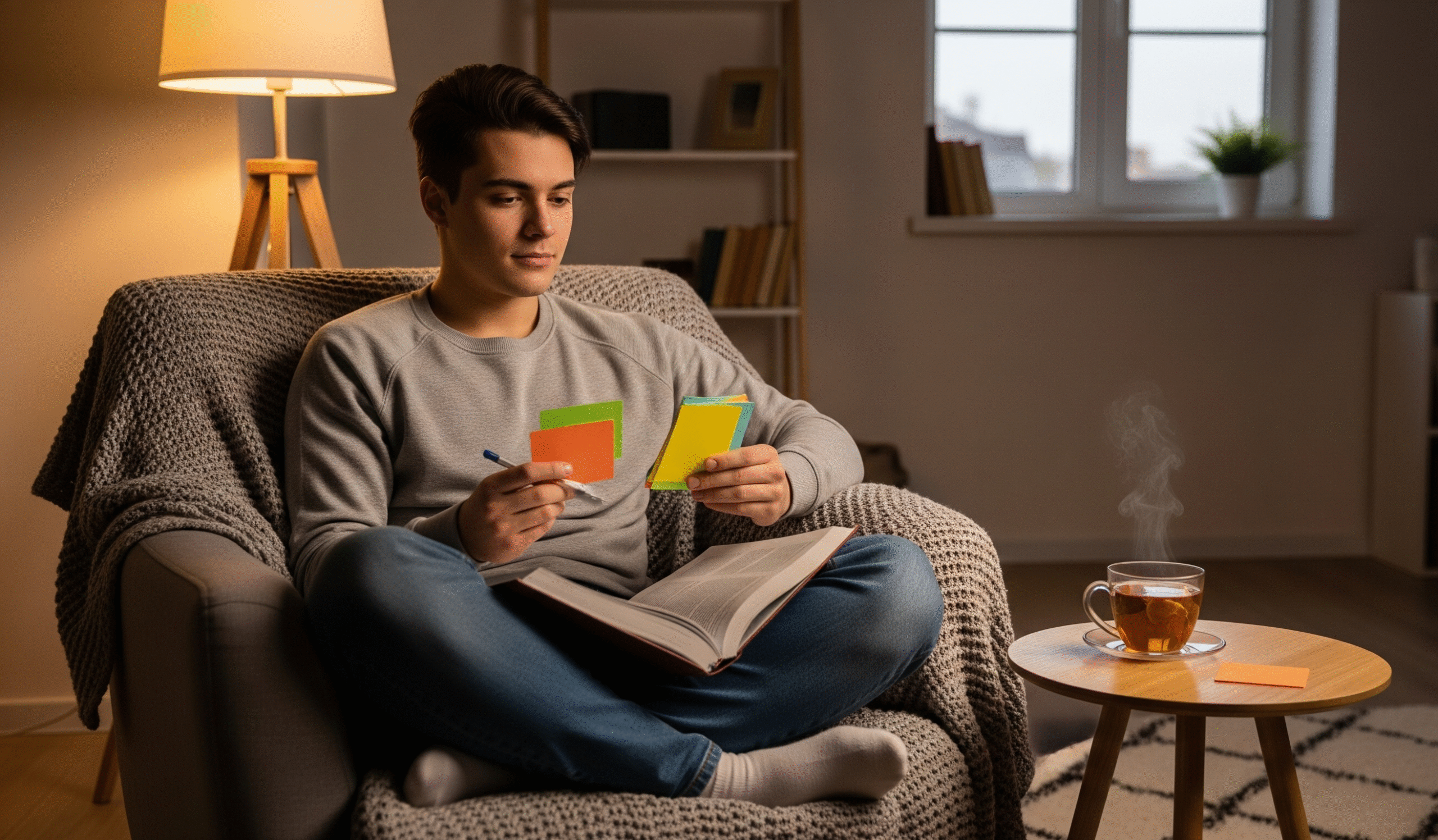 Concurseiro fazendo uma revisão leve com flashcards na véspera da prova, controlando a ansiedade.