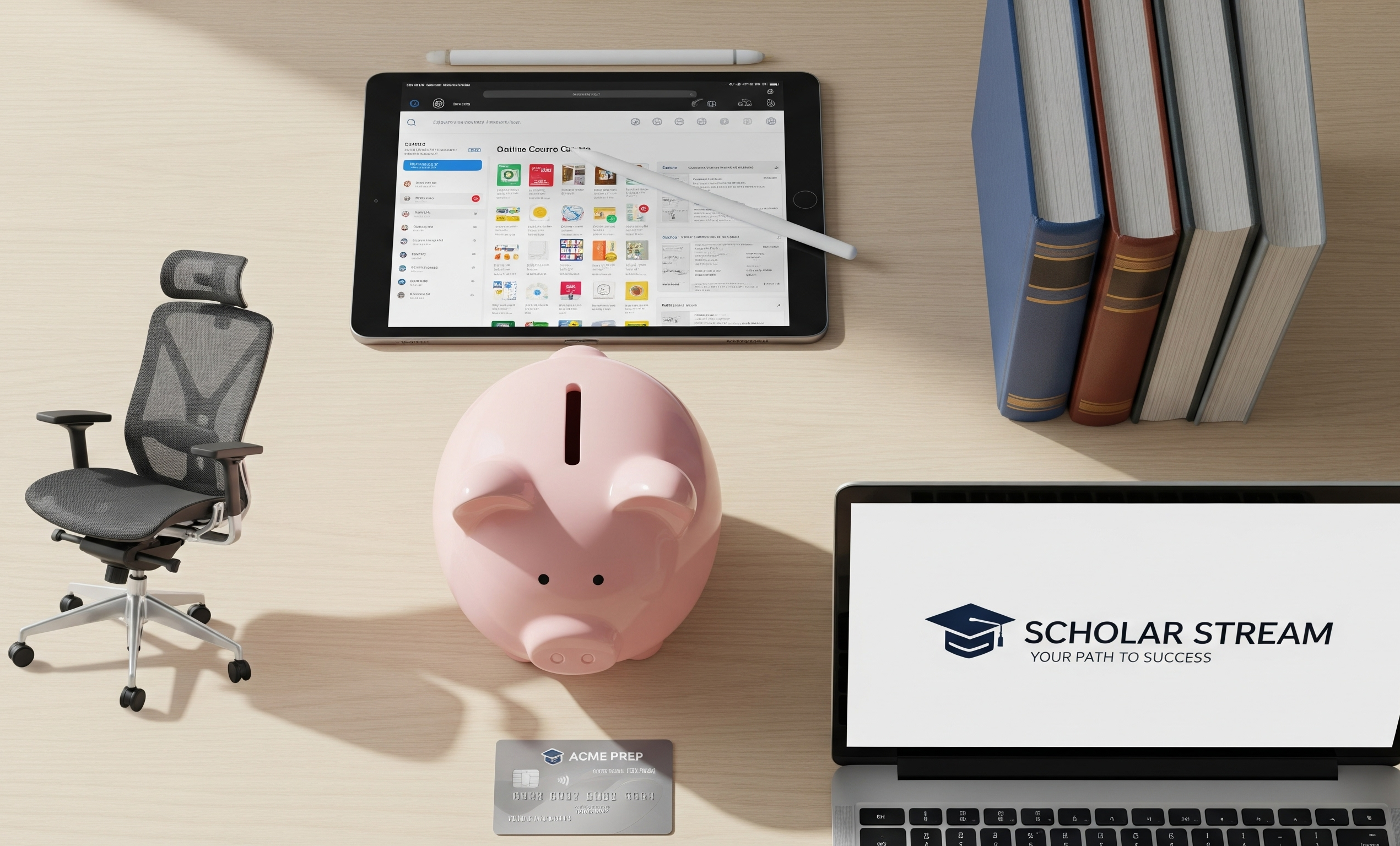 Planejamento financeiro para concursos, mostrando um cofrinho em uma mesa cercado por itens de investimento: cadeira ergonômica, tablet, livros e um notebook com um curso online.