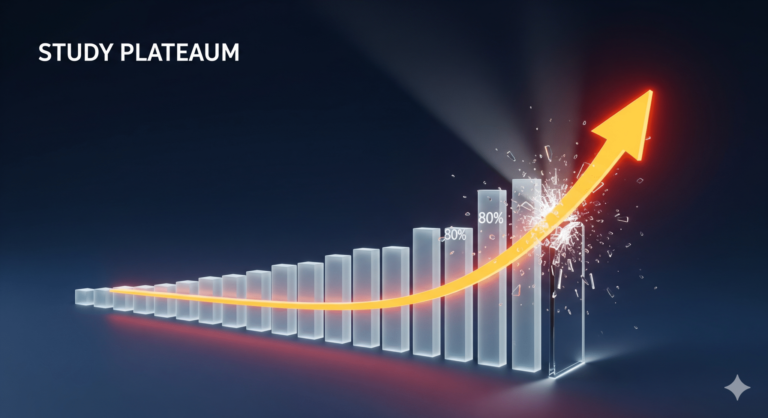 Gráfico 3D mostrando uma linha de progresso ascendente (flecha laranja) rompendo uma barra de 80% em um gráfico de barras, simbolizando o rompimento do platô de estudos em simulados