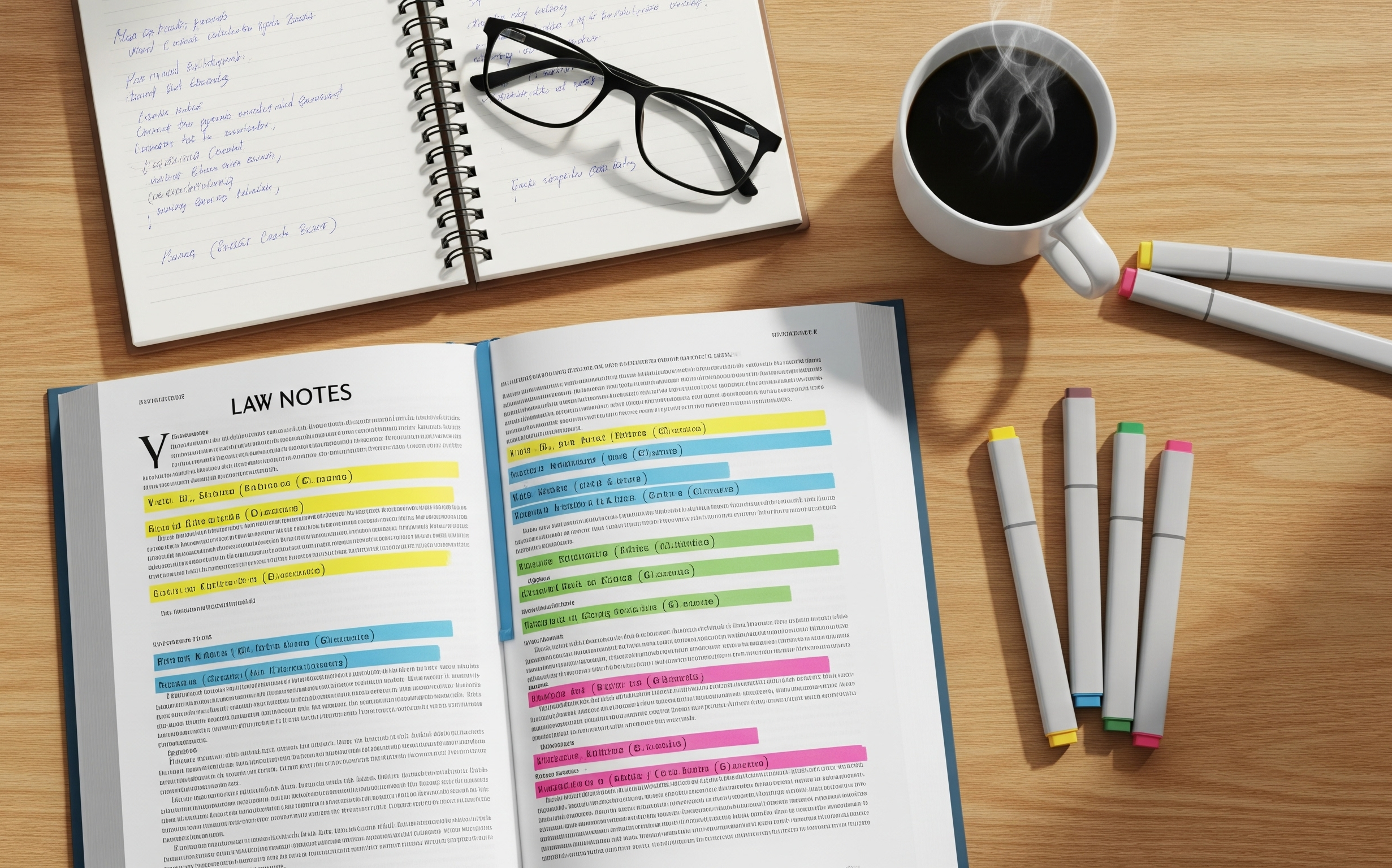 Mesa de estudos organizada com um livro aberto mostrando palavras-chave grifadas em diferentes cores (amarelo, azul, verde, rosa) e canetas marca-texto, representando a arte de grifar eficientemente para concursos.