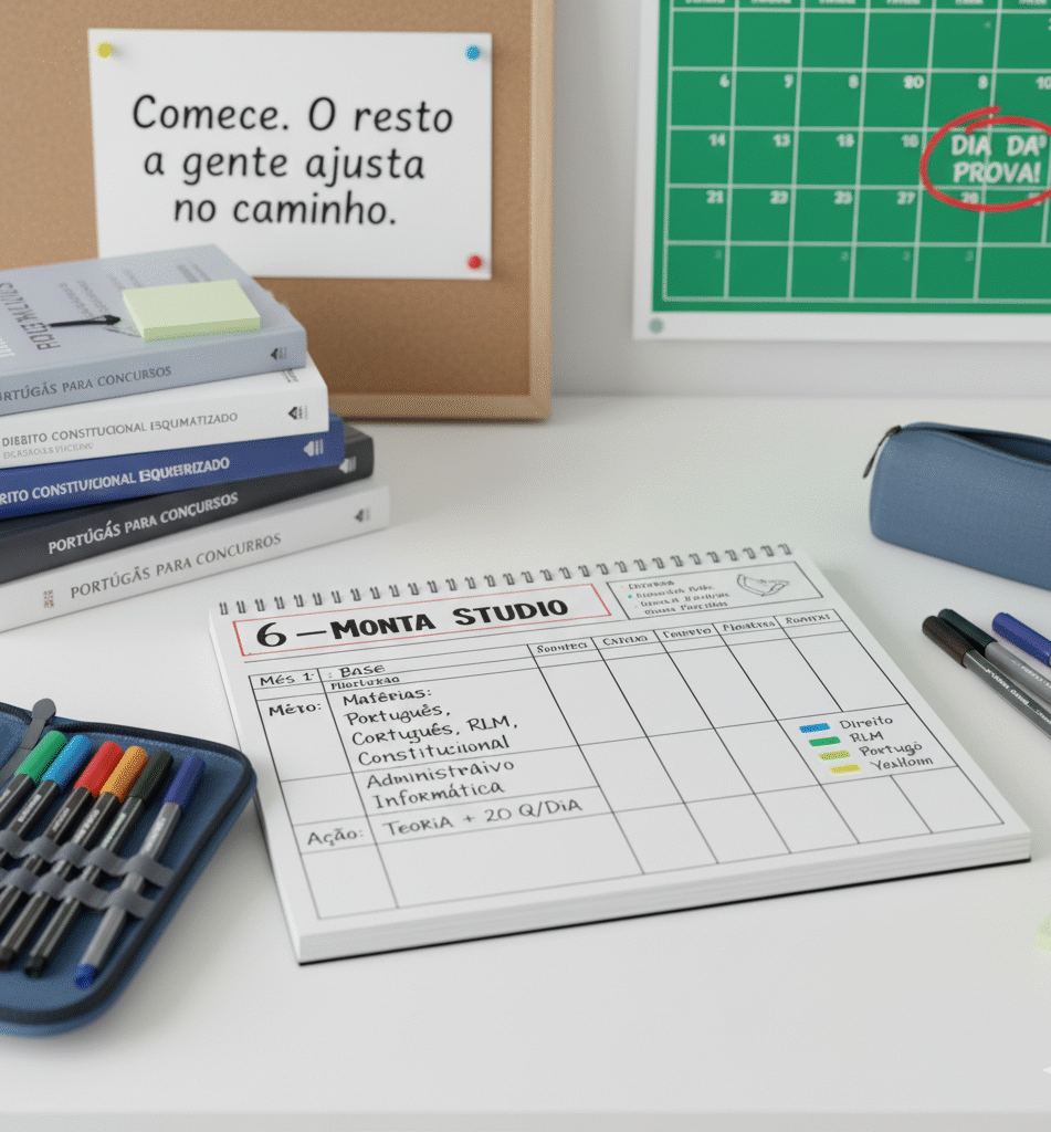 Concurseiro iniciante seguindo um plano de estudos de 6 meses para sair do zero à aprovação.