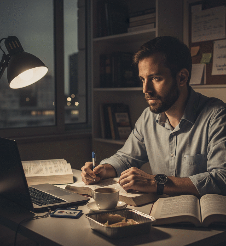 Concurseiro estudando à noite em seu guia de sobrevivência para conciliar trabalho e estudos
