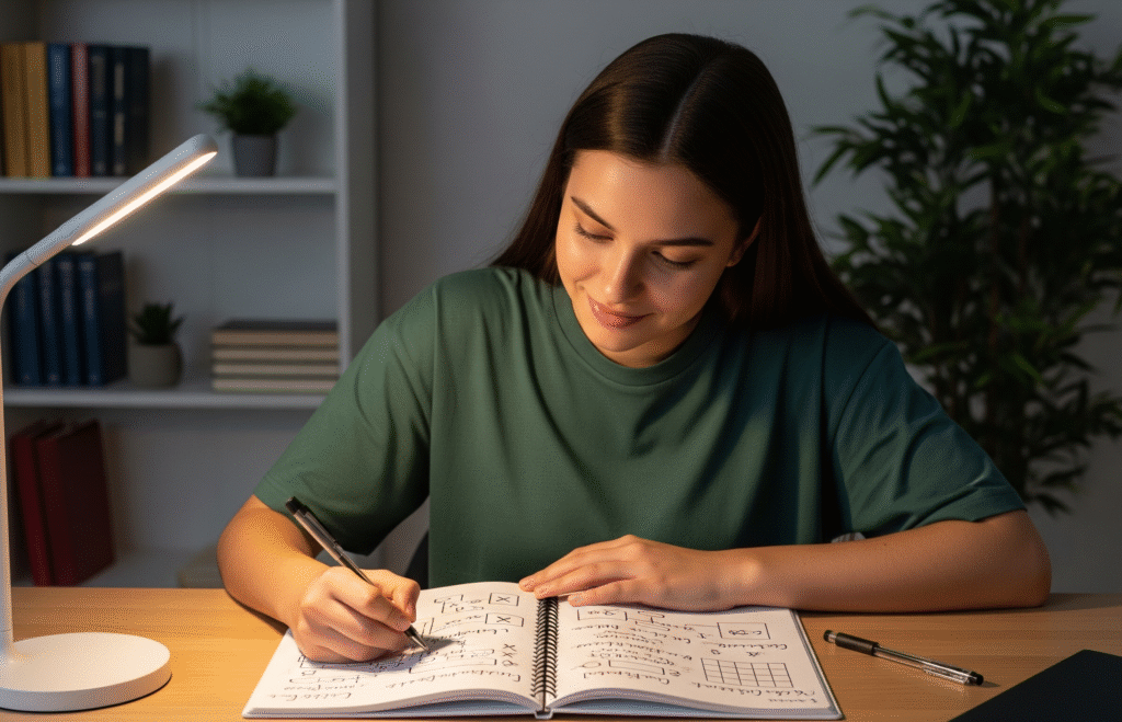 Estudante focada resolvendo exercícios de Raciocínio Lógico Matemático (RLM) em um caderno durante seus estudos para concursos